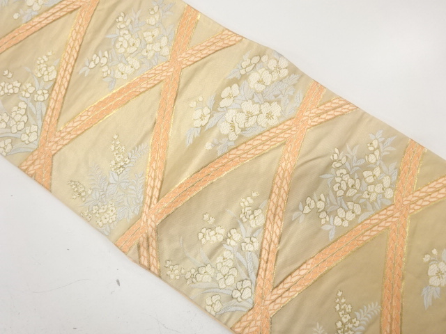 JAPANESE KIMONO / ANTIQUE FUKURO OBI / SILK / WOVEN GRID & FLOWER